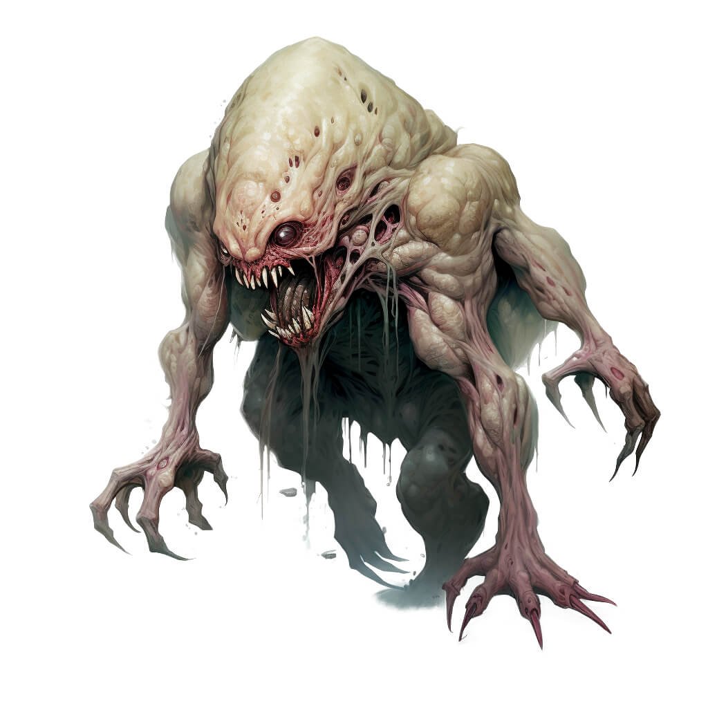 A three-armed mutated creature in roughly humanoid shape with grey skin charging forward.