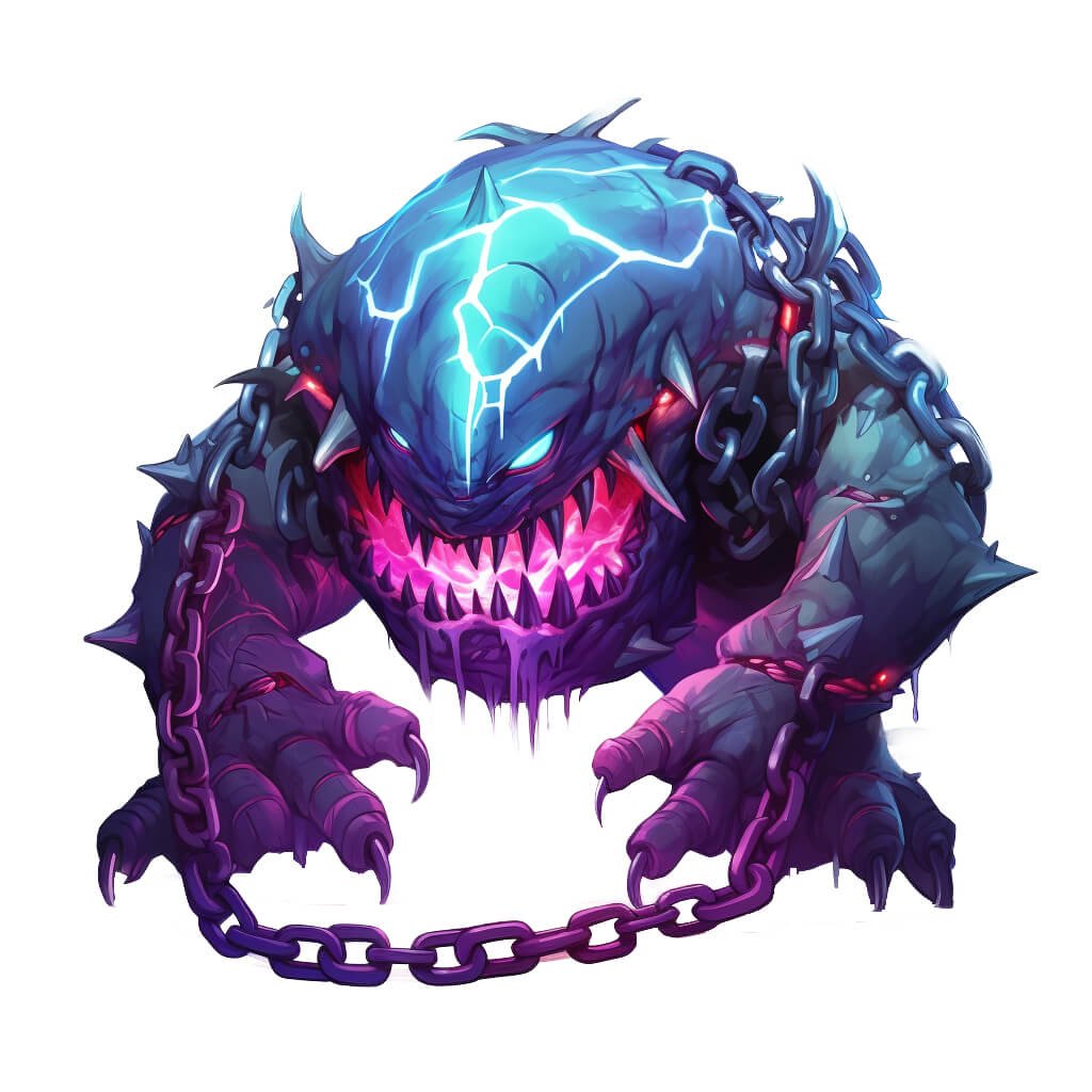 A hound-like fiend on two legs wrapped in chains with a large drooling maw.