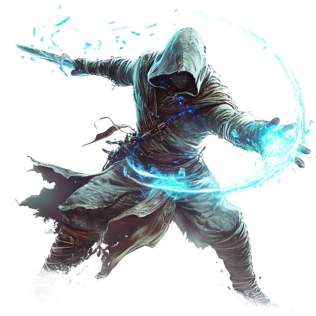 A hooded man swinging a sword and casting a spell.
