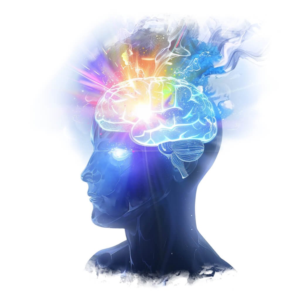 A depiction of a head with a brain in iridescent lights.