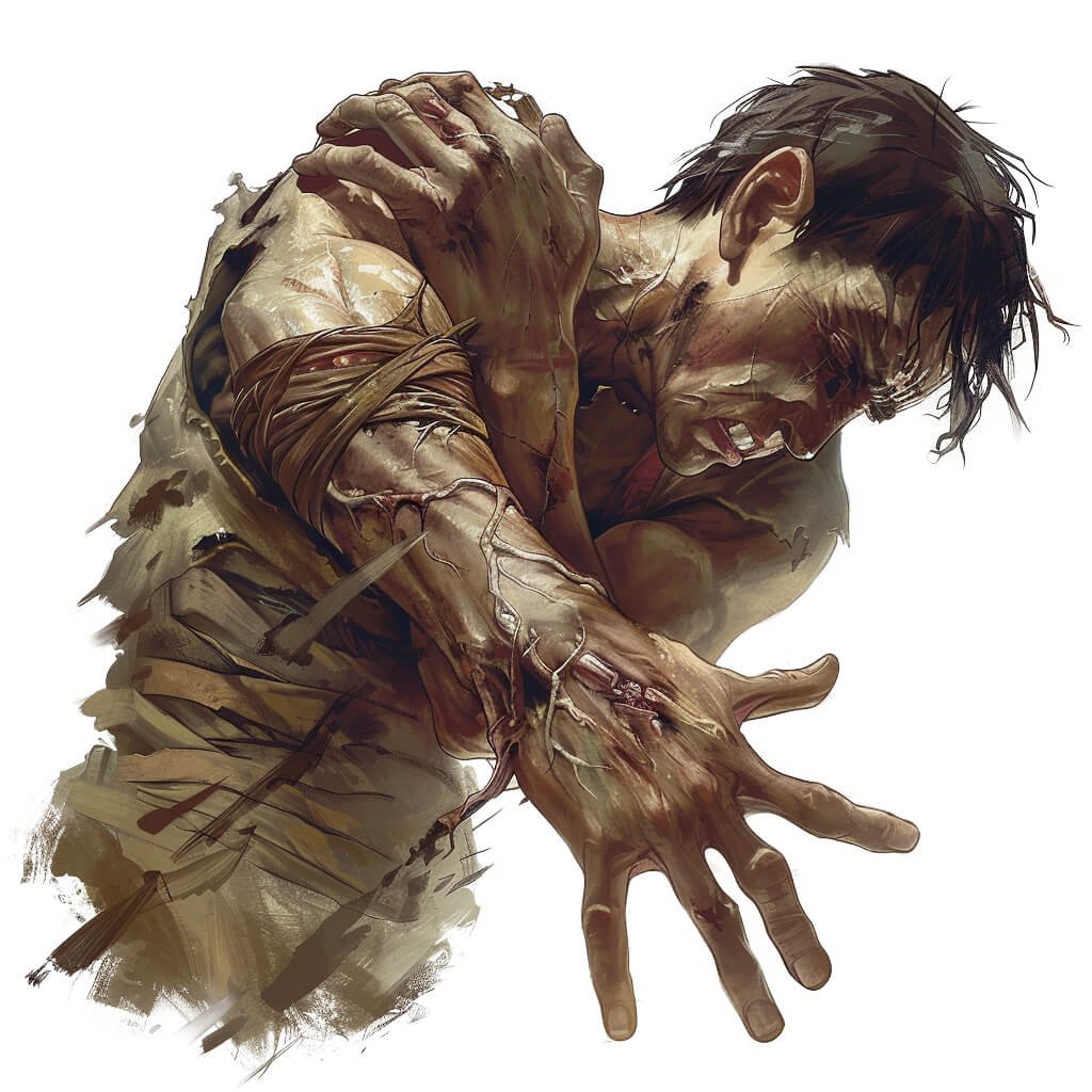 A man in pain grasping his arm.
