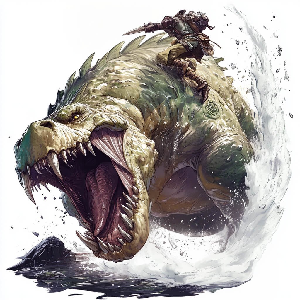 A monster slayer on the back of a gigantic creature.