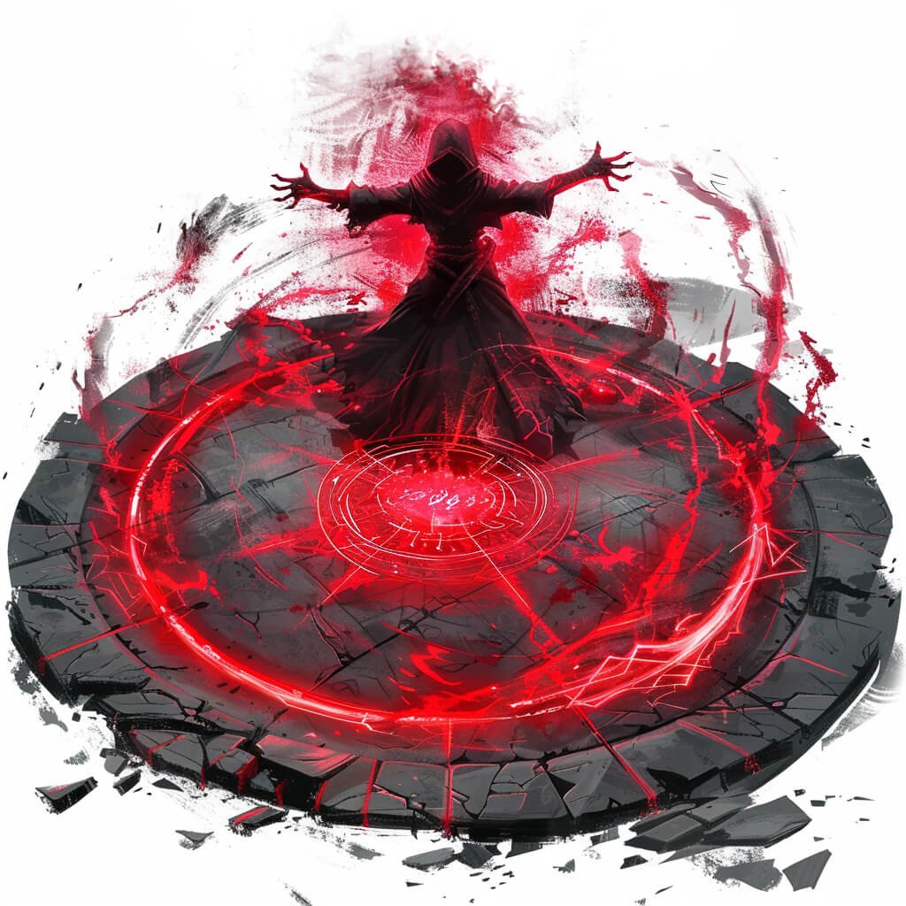 A hooded man performing a ritual inside a magic circle with red glowing glyph.