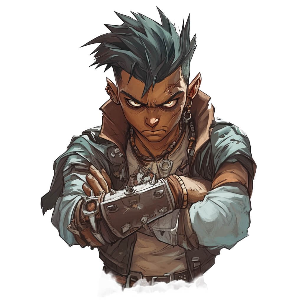 A stern-looking guy with arms crossed wearing spike cuffs.