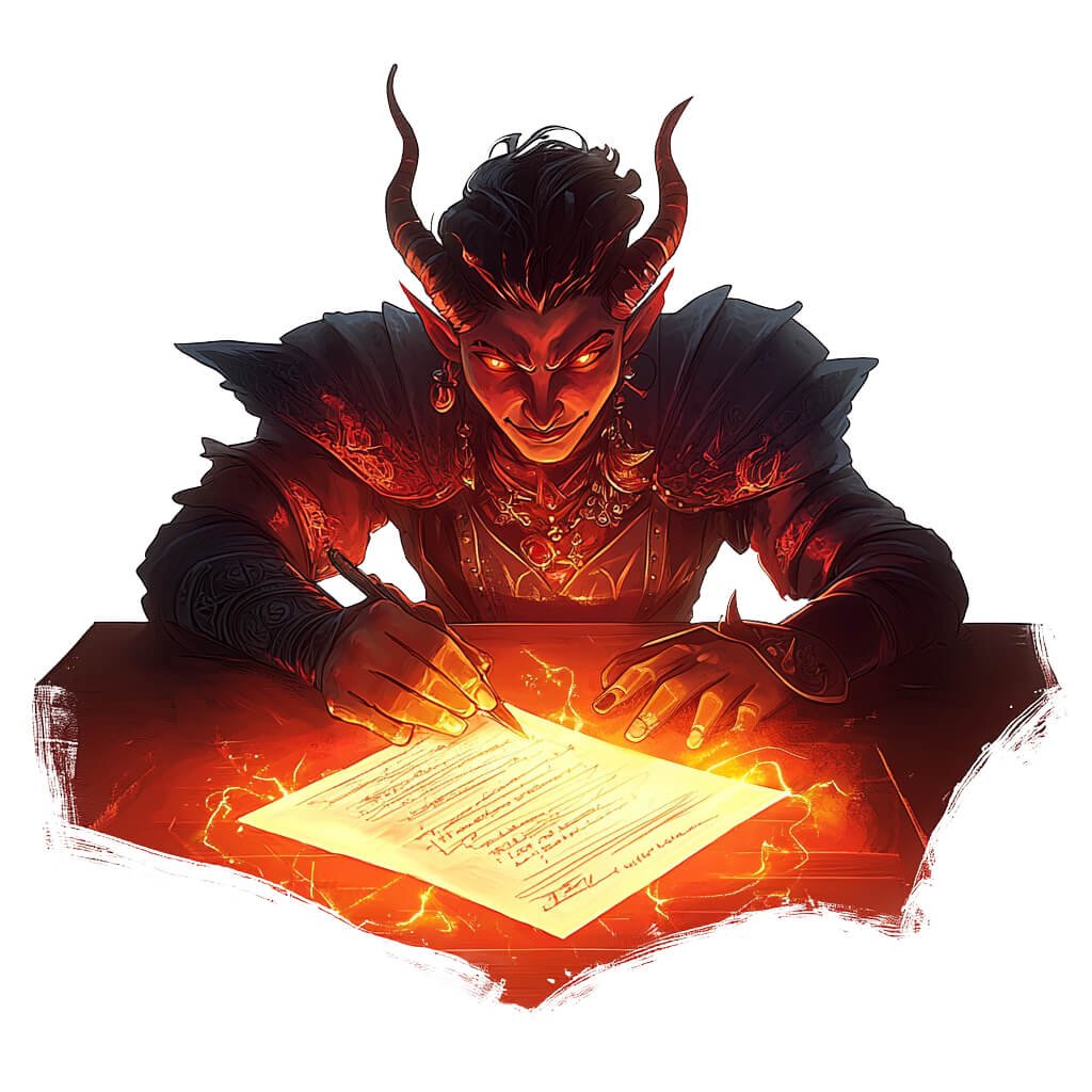 A devil with horns writing down a contract on a shining paper.