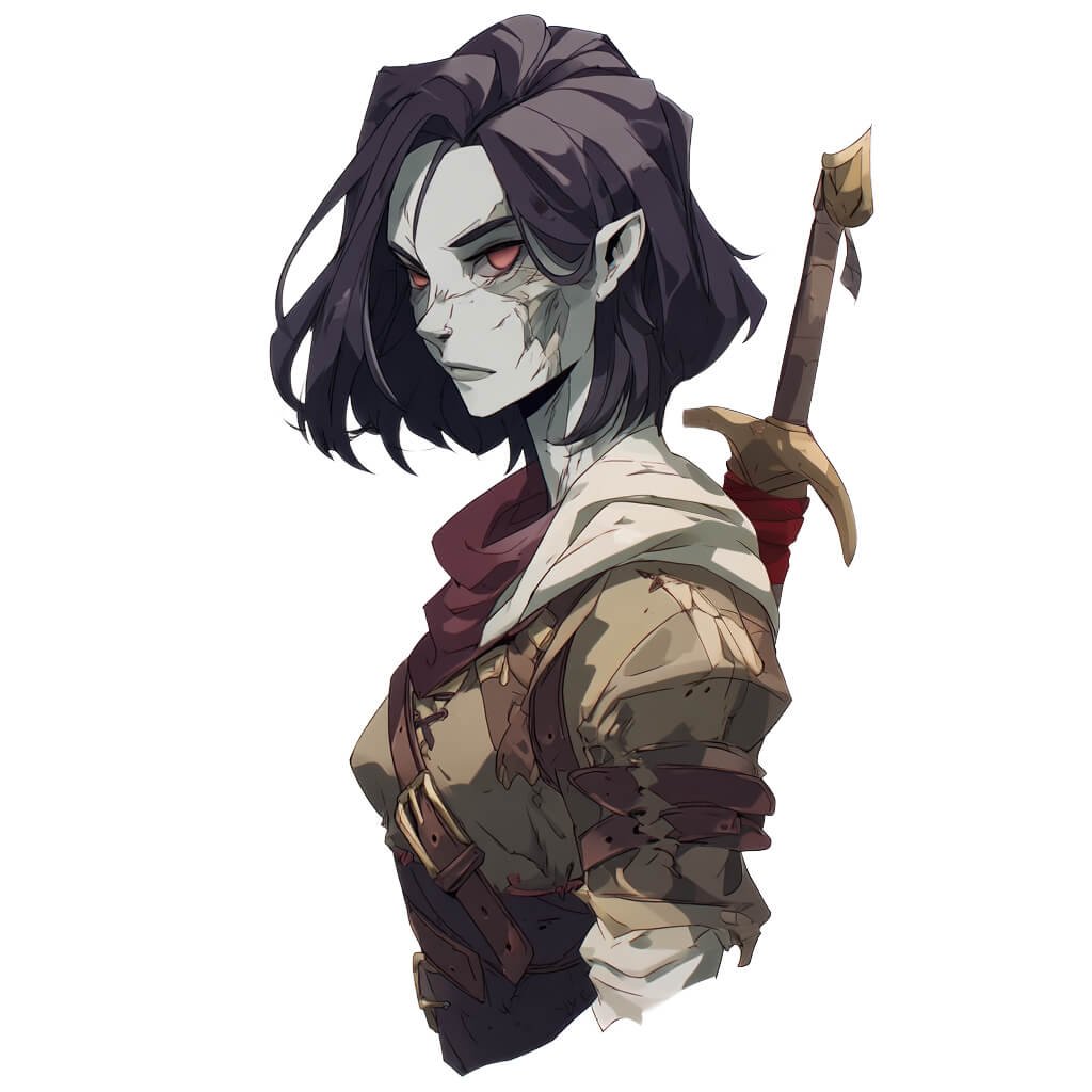 A woman with zombie-like pale skin carrying a sword.