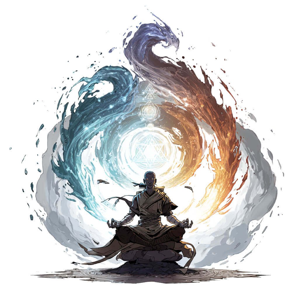 A monk meditating surrounded by elemental powers.