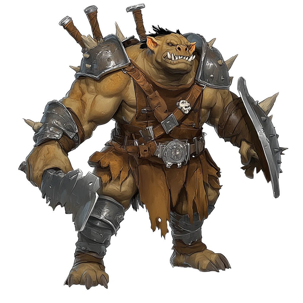 An ogre wearing pieces of armor, a shield, an several weapons.